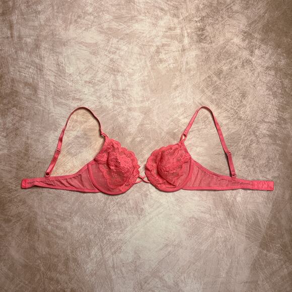 Vintage 90s Vanity Fair Floral Lace Bra Pink Mesh Polka Dot Lingerie Romantic - Picture 6 of 9